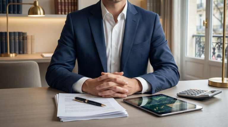 Avocat en costume bleu assis à son bureau avec des documents, une tablette et une calculatrice.