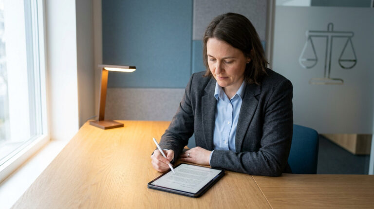 Une avocate en costume travaille sur une tablette tactile dans un bureau avec une balance de la justice en arrière-plan.