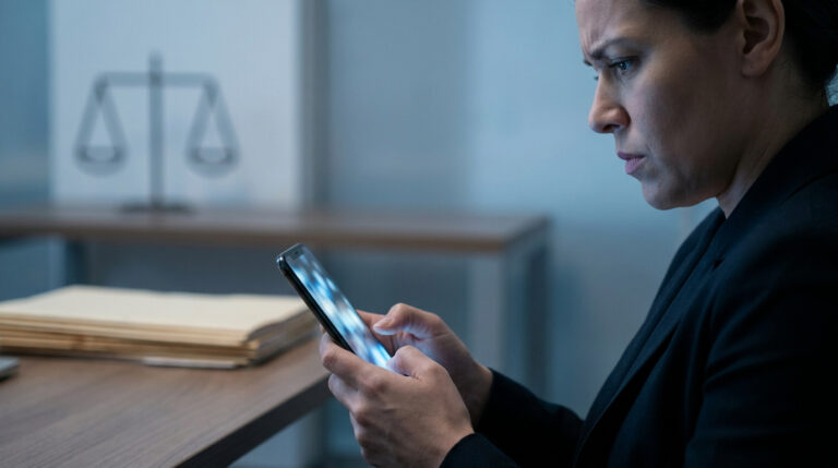 Une avocate concentrée consulte son smartphone dans un bureau avec une balance de justice en arrière-plan.